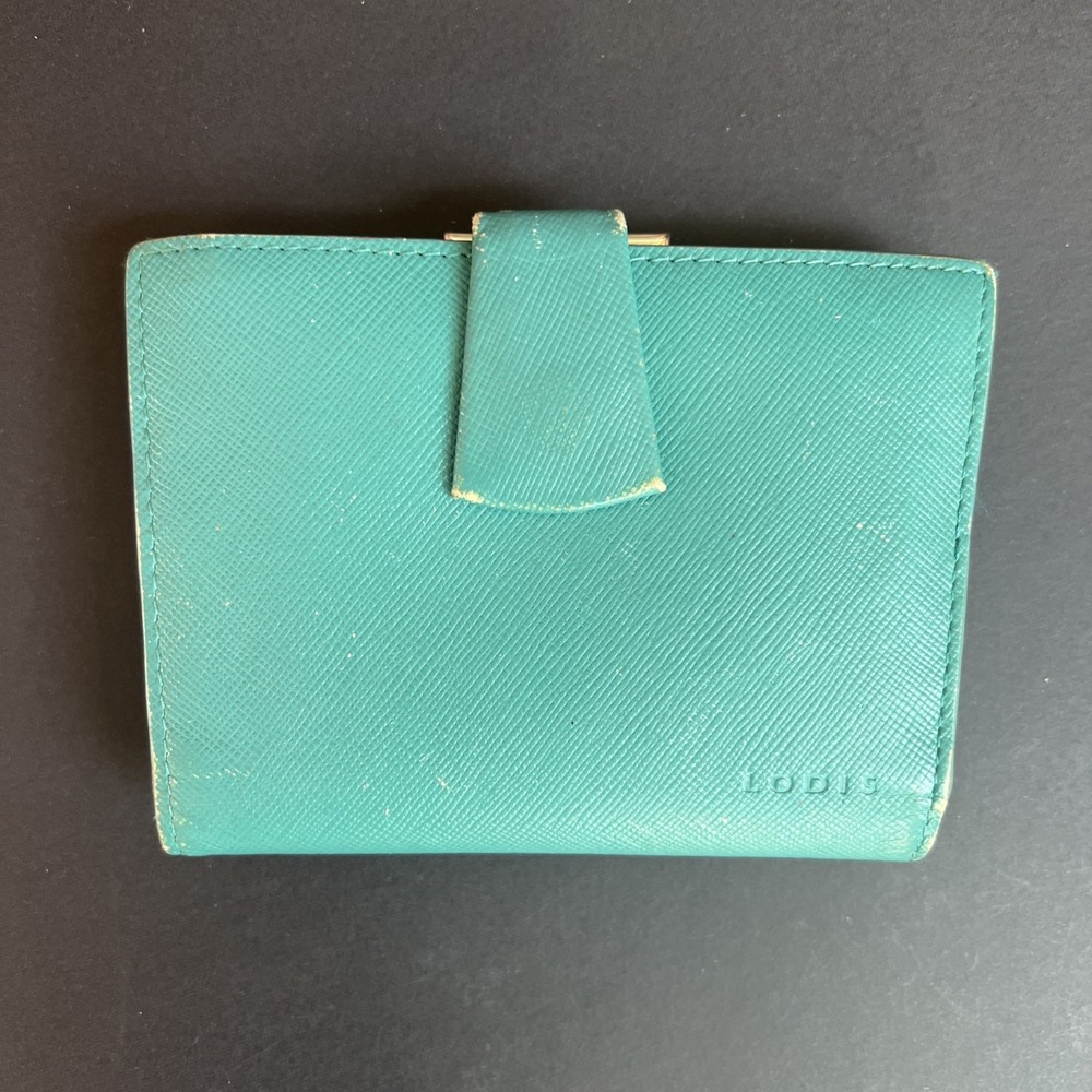 VTG LODIS Los Angeles Teal Leather Wallet Bifold Kisslock Coin Purse Card Holder